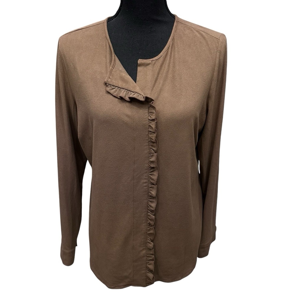 Chicos Womens Medium Faux Suede Top Womens Brown Ruffle Hippie Western